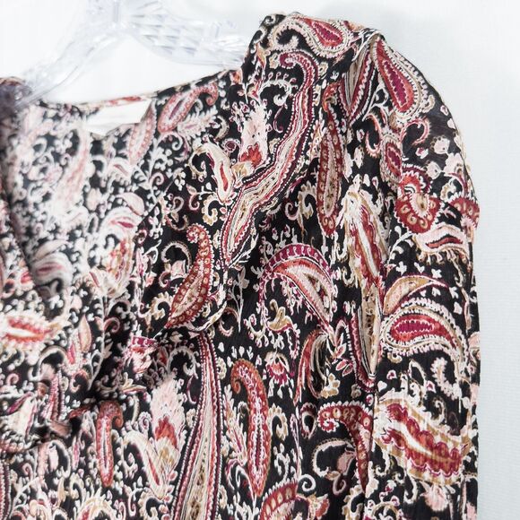 J Jill Ruffled Crepe Rayon Paisley Blouse Womens Large Red Black Boho Artsy - Picture 5 of 14